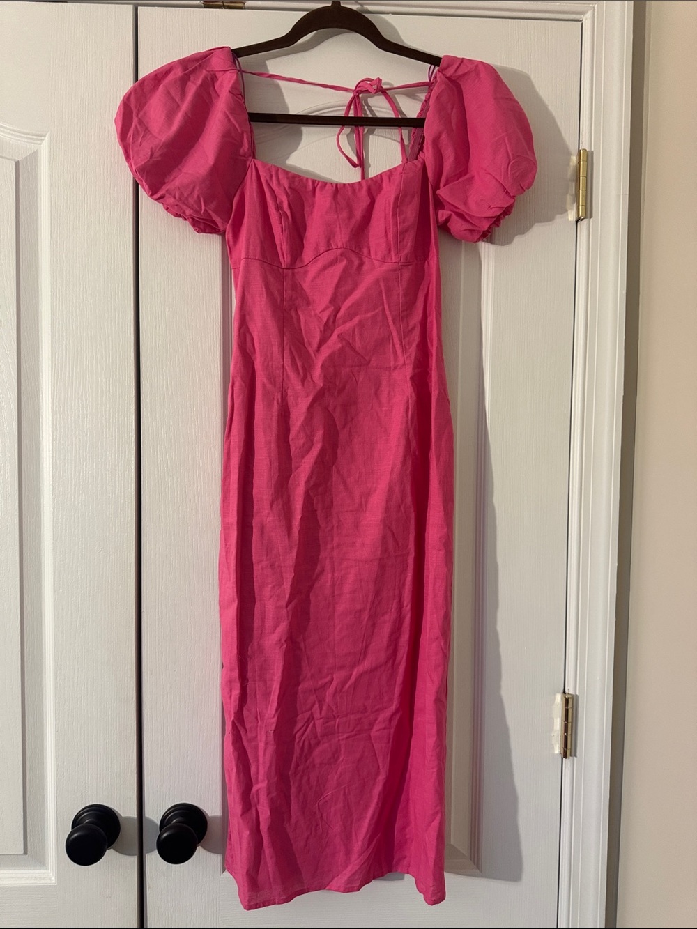 Fashion Nova Hot Pink Puff-Sleeve Midi Dress